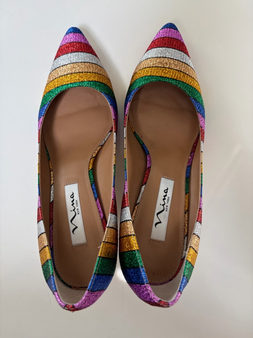 Nina Rainbow Glitter Striped Pointed-Toe Heels